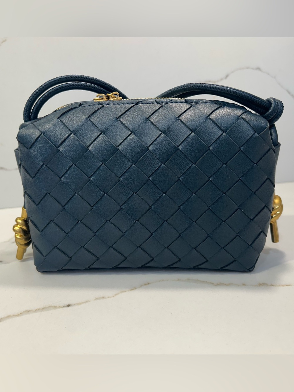 Tiffany & Fred Paris Navy Hand Woven Leather Crossbody Bag Gold Knot Accents